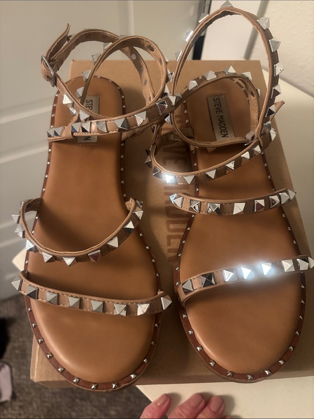 Steve Madden Tan Pyramid Stud Ankle-Strap Sandals